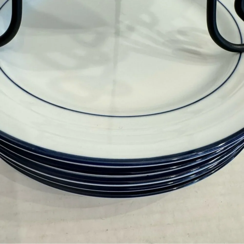 Lot of 3 Crate & Barrel Spal Porcelain Roulette Blue Trim 8 1/4” Salad Plate